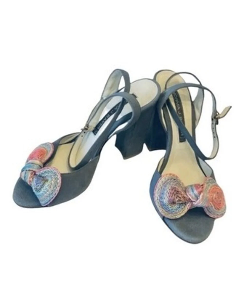 Norma J Baker Genuine Leather Suede Peep Toe Sandals Blue Block Heel 5.5 Floral